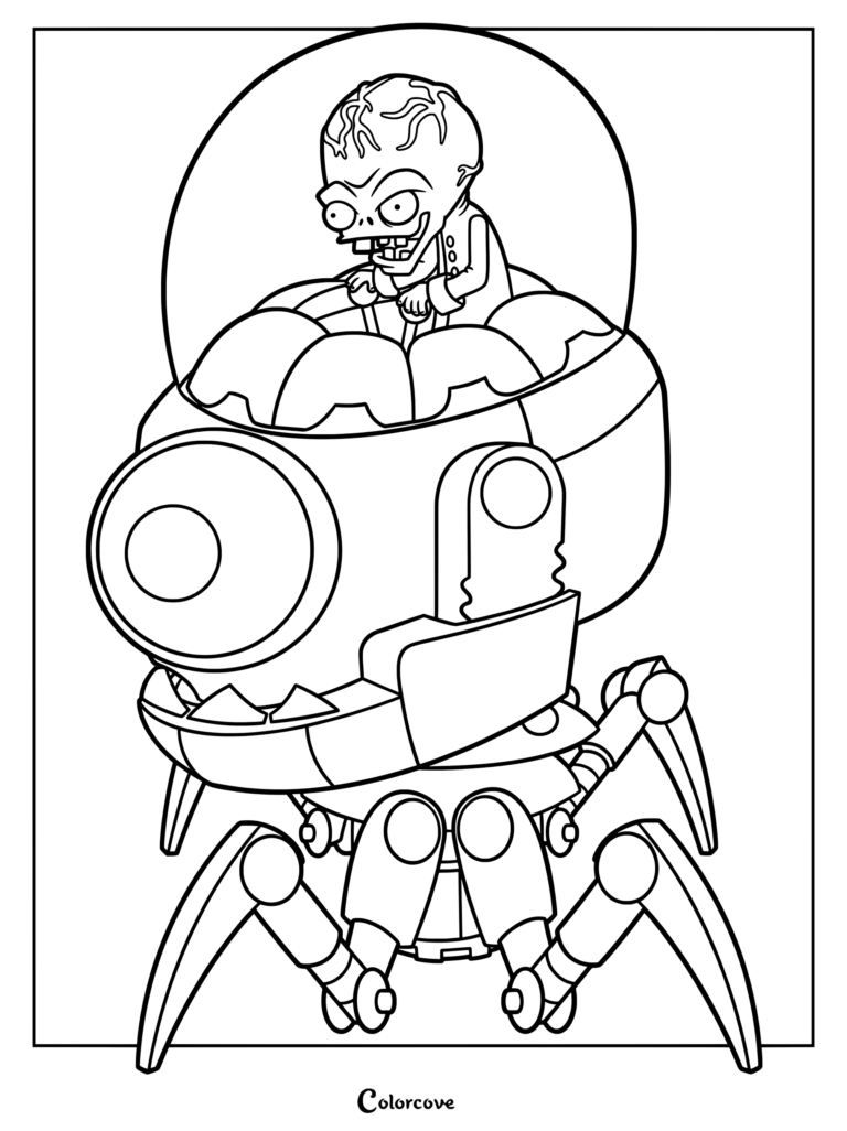 Dr. Zomboss piloting the Zombot Tomorrow-tron in a detailed line art coloring page.