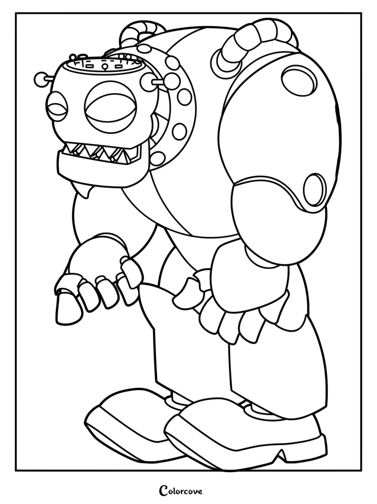 A detailed line art coloring page of the Zombot from Plants Vs Zombies, showing its mechanical head, large robotic body, and clawed hands.