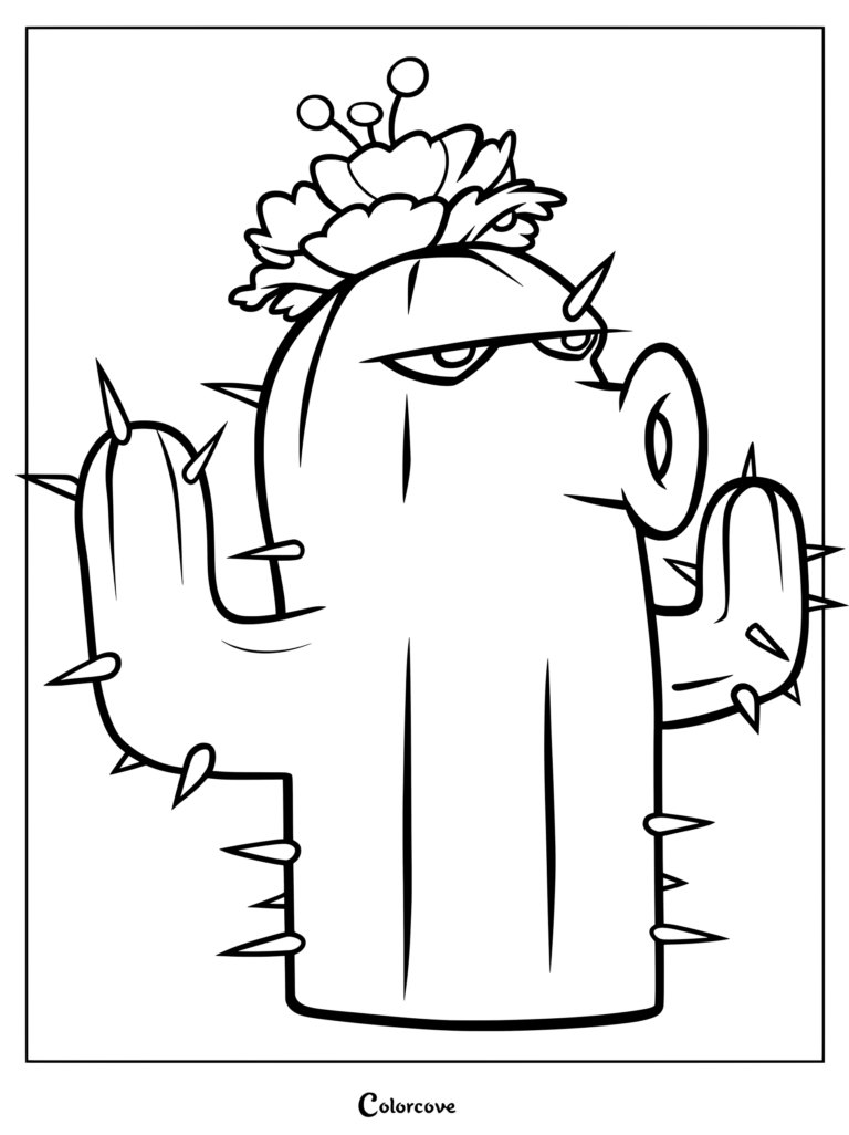 Plants Vs Zombies Cactus with a flower on its head in a detailed line art coloring page.