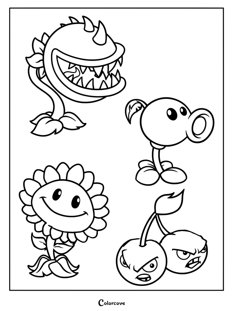 Printable Plants Vs Zombies coloring page featuring Sunflower, Chomper, Peashooter, and Cherry Bomb characters.