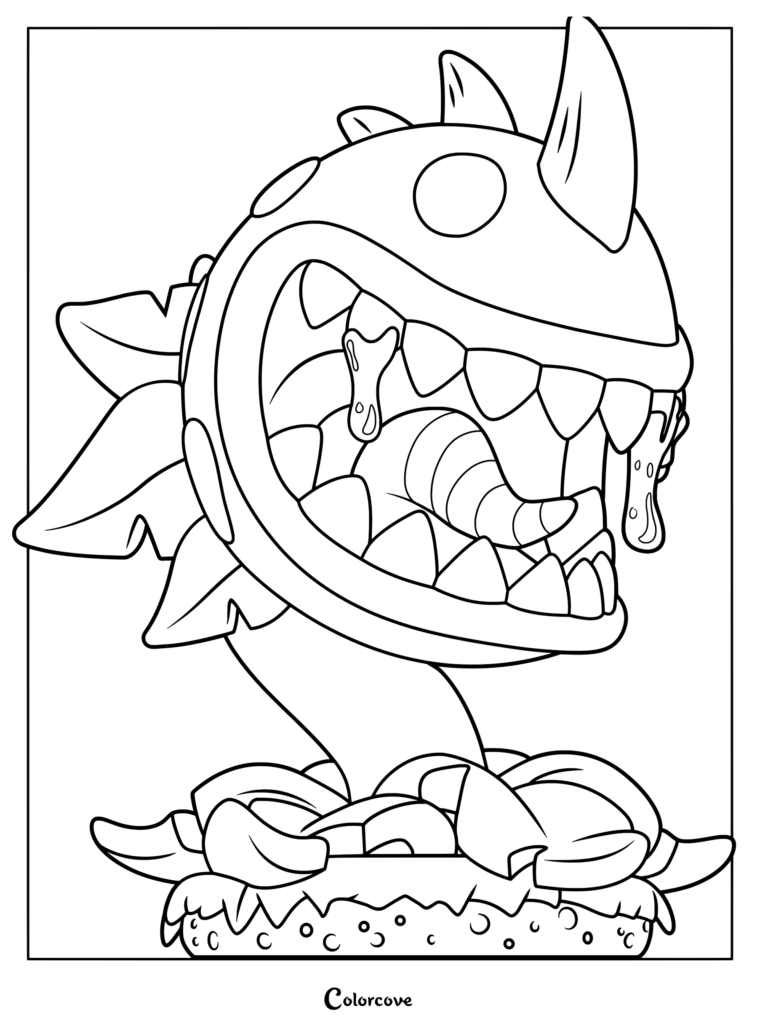 Chomper from Plants Vs Zombies with sharp teeth and drool in a detailed line art coloring page.
