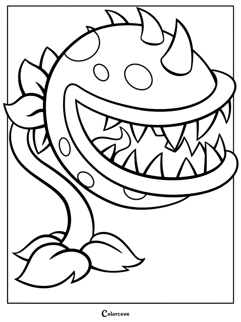 A detailed line art coloring page of the Chomper character from Plants Vs Zombies, featuring its large mouth open with sharp teeth.