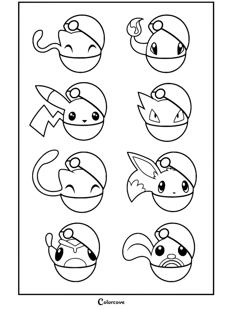 Dibujo para colorear de Pokeball para imprimir con Bulbasaur, Charmander, Squirtle, Pikachu, Gengar, Eevee, Mew, Chikorita y Totodile durmiendo dentro de Pokeball