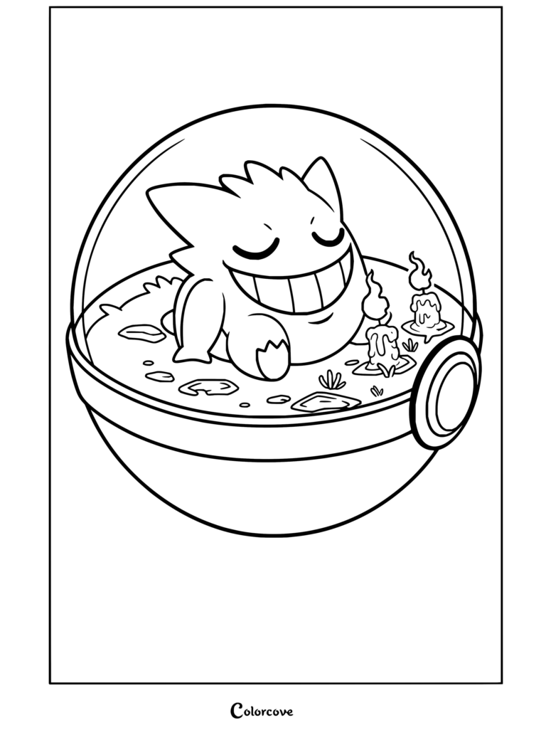Dibujo para colorear de Gengar durmiendo dentro de una Pokeball morada personalizada con velas