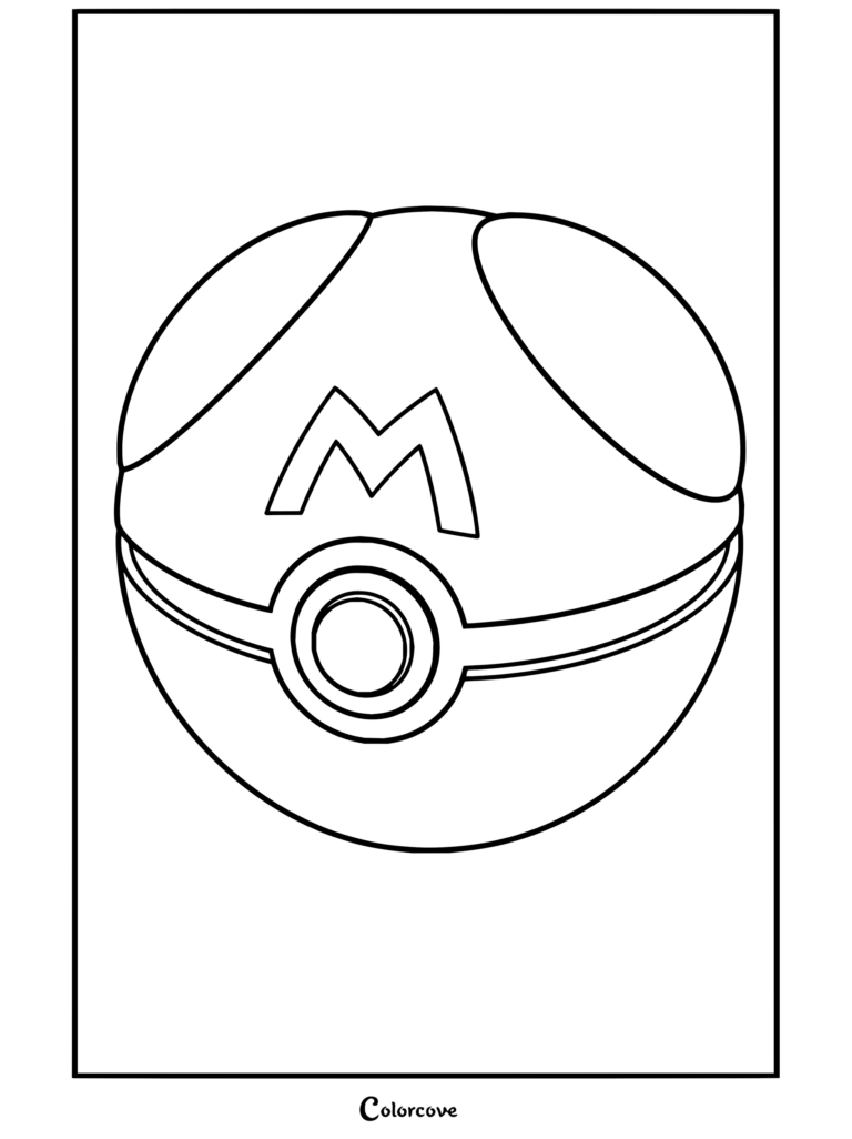 Dibujo para colorear de la Master Ball, la Pokeball morada con el símbolo de la M.