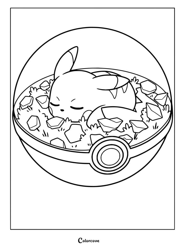Dibujo para colorear de Pikachu durmiendo dentro de una Pokeball en terrario con rocas y hierba