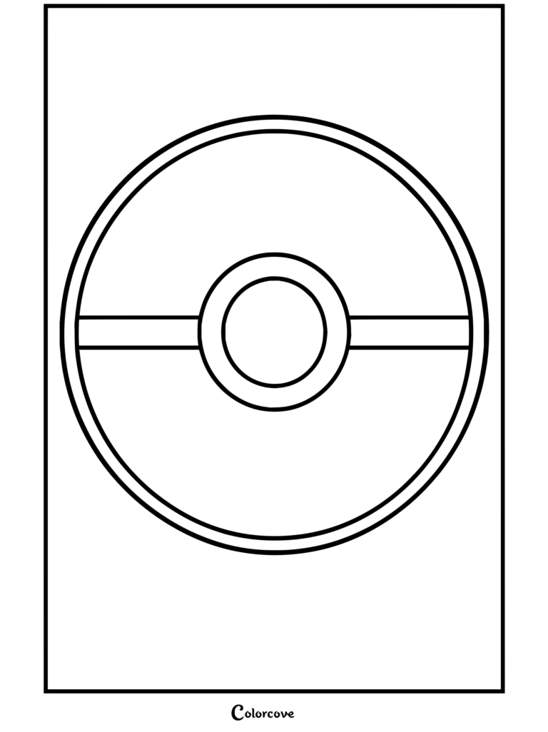 Dibujo para colorear del clásico dispositivo Pokeball rojo y blanco para niños y adultos.