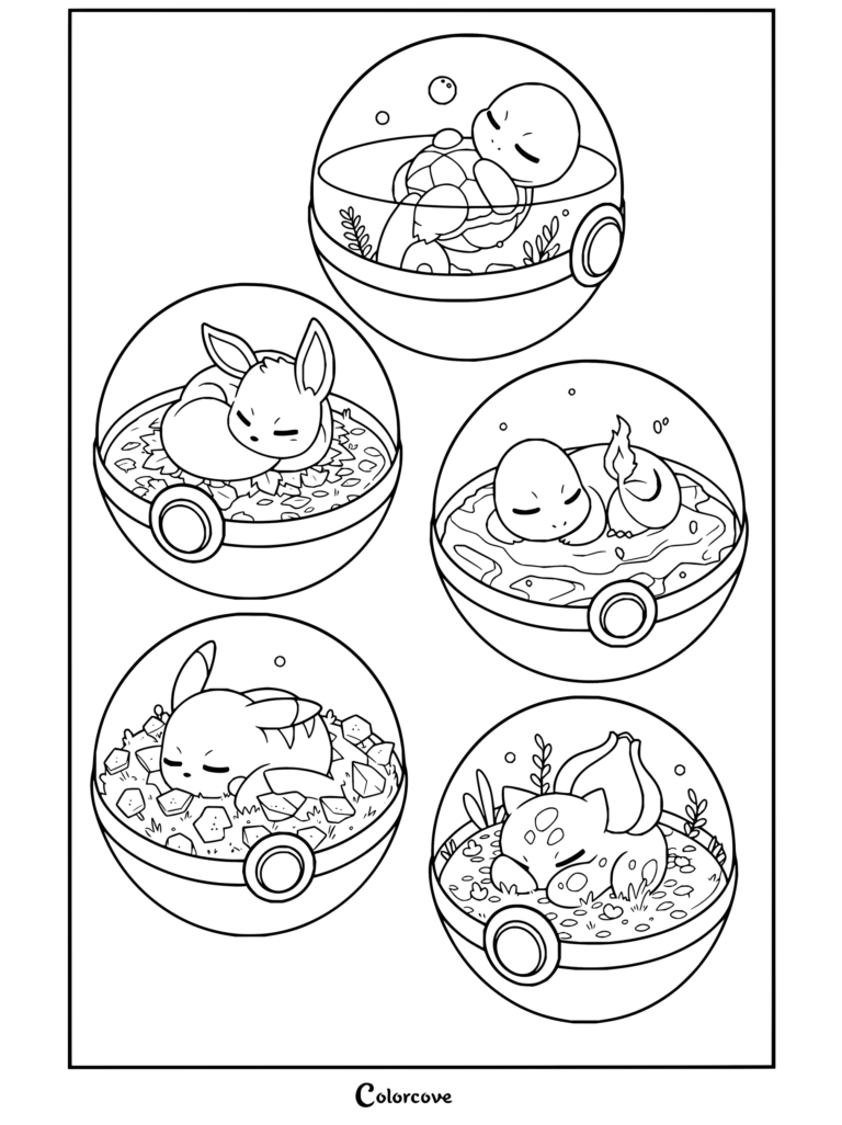 Dibujo para colorear con varios Pokémon durmiendo dentro de Pokeball de cristal con hábitats.