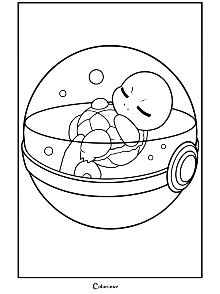 Dibujo para colorear de Squirtle durmiendo plácidamente dentro de un acuario de Pokeball lleno de agua.