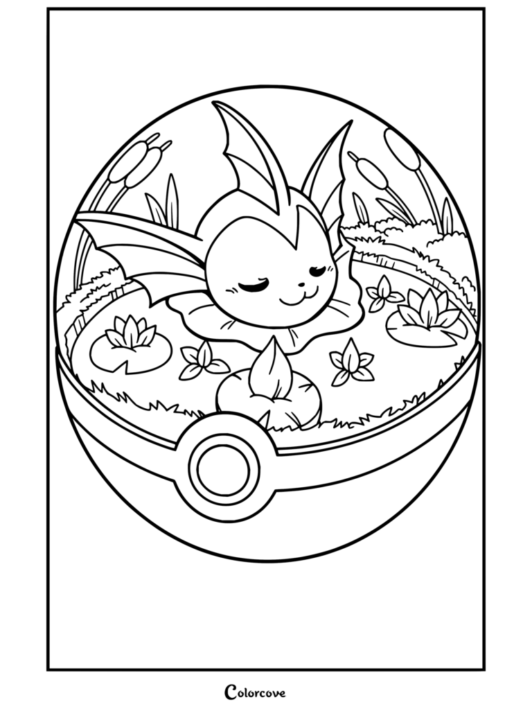 Dibujo para colorear de Vaporeon descansando en un estanque acuario dentro de una Pokeball