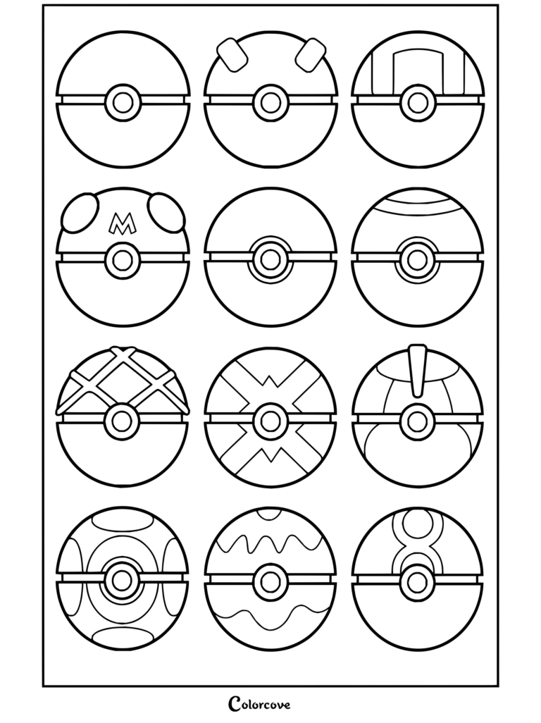 Dibujo para colorear para imprimir con varios diseños y tipos de Pokeball de Pokémon en trazos negros limpios.