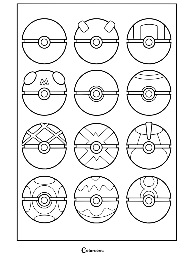 Dibujo para colorear que muestra una cuadrícula con varios tipos de Pokeball en distintos diseños.