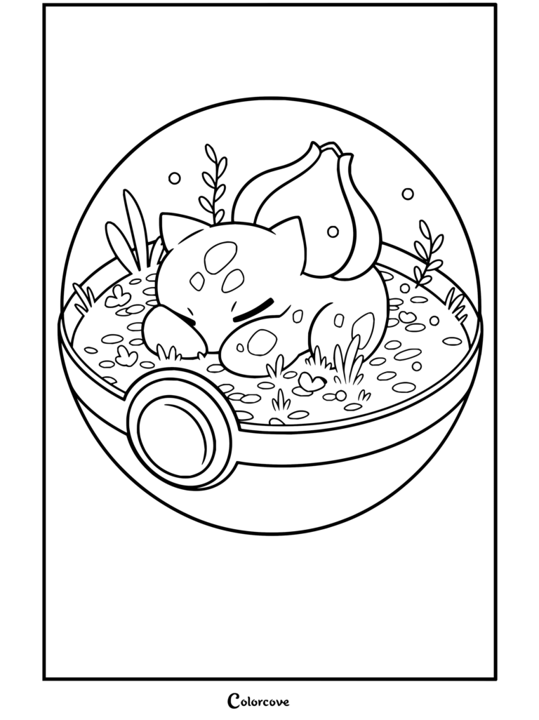 Dibujo para colorear de Bulbasaur durmiendo plácidamente dentro de una Pokeball en terrario con hierba y plantas.
