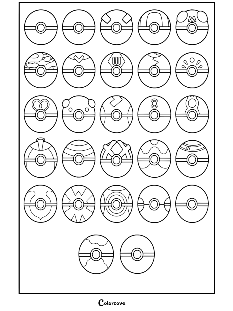 Dibujo para colorear con varios tipos y diseños de Pokeball de Pokémon.