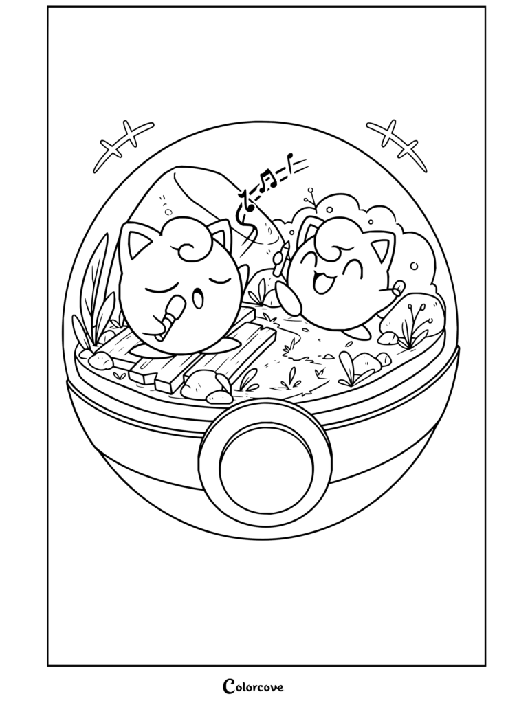 Dibujo para colorear de Jigglypuff con dos Jigglypuff dentro de un terrario de Pokeball con notas musicales