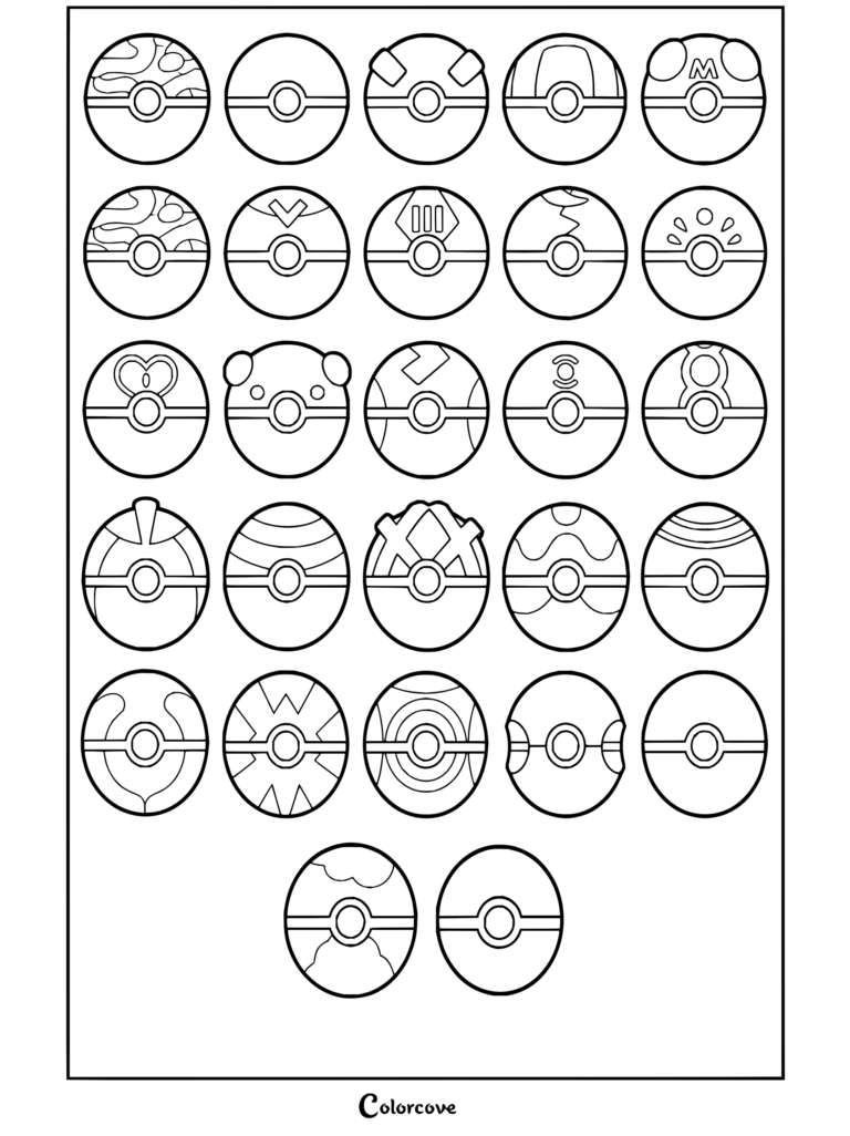 Dibujo para colorear con una colección de Pokeball personalizadas inspiradas en varias especies de Pokémon.