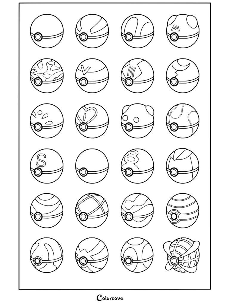 Dibujo para colorear e imprimir con una colección de Pokeball en tonos pastel inspiradas en Pokémon.