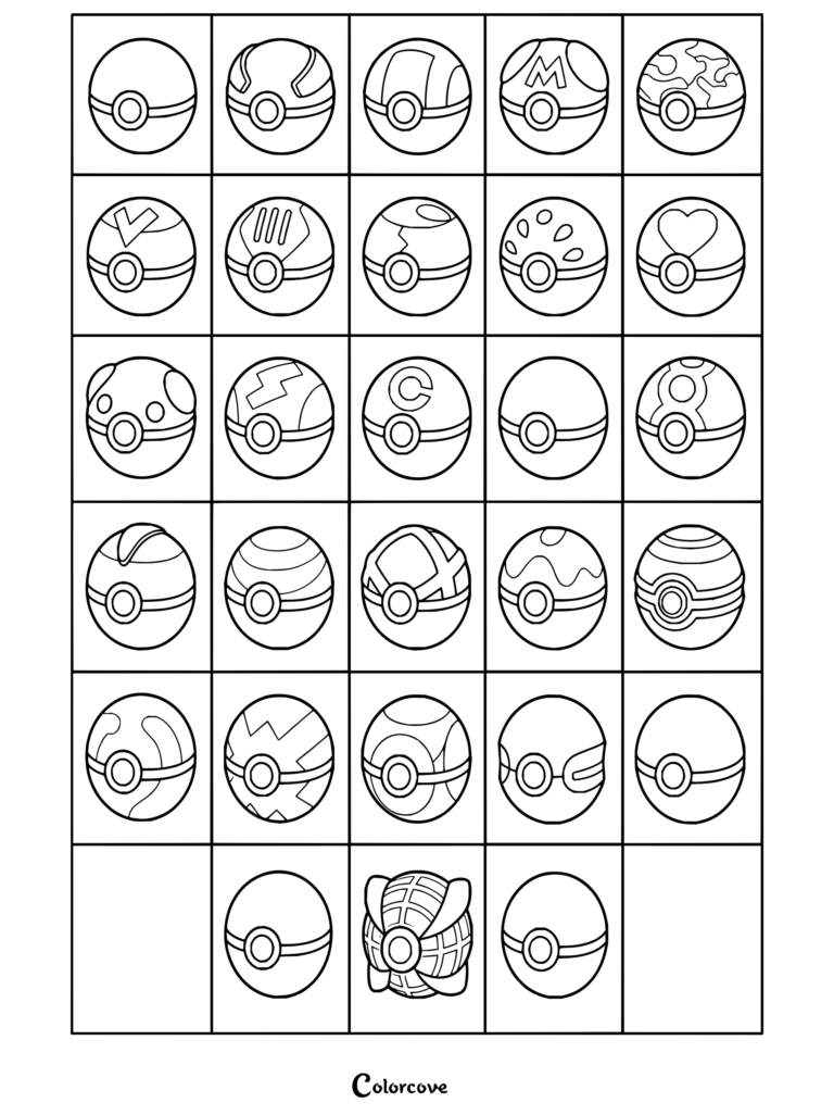 Dibujo para colorear e imprimir que muestra una colección de varios tipos y diseños de Pokeball de Pokémon.