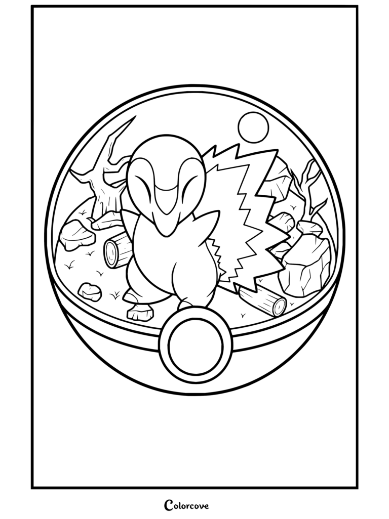 Dibujo para colorear de Cyndaquil dentro de una Pokeball en terrario con chispas de fuego, rocas y un tronco de árbol.