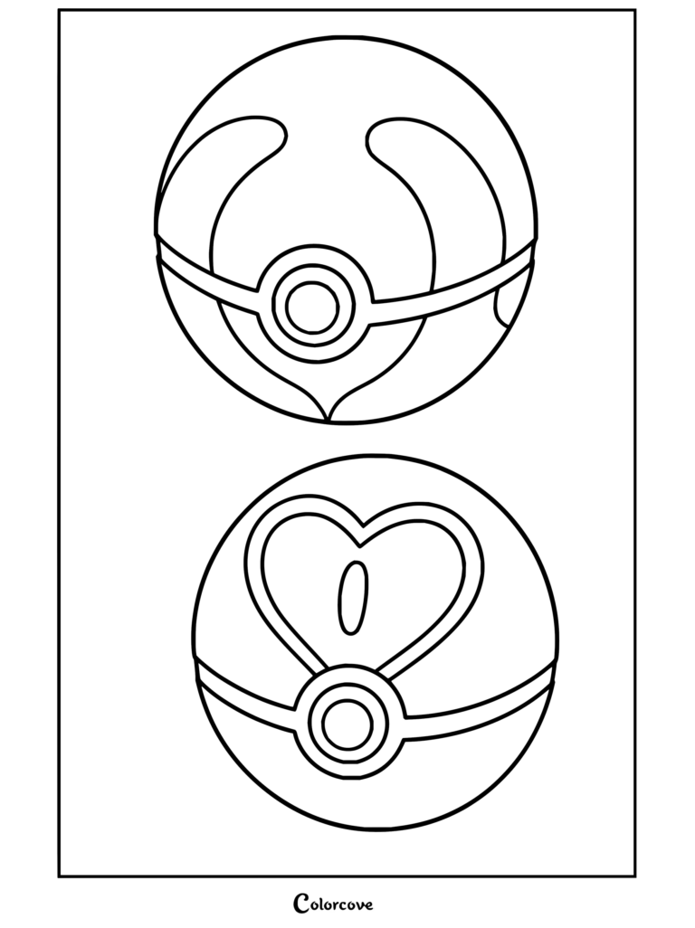 Dibujo para colorear de la Ensueño Ball y la Amor Ball con dos diseños especiales y distintos de Pokeball.