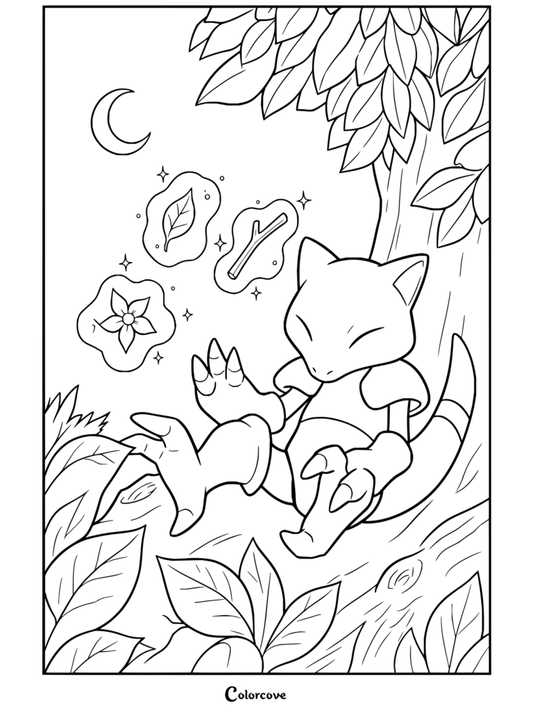 Abra durmiendo sobre la rama de un árbol de noche con objetos levitando, en un dibujo para colorear de Pokemon para Adultos.