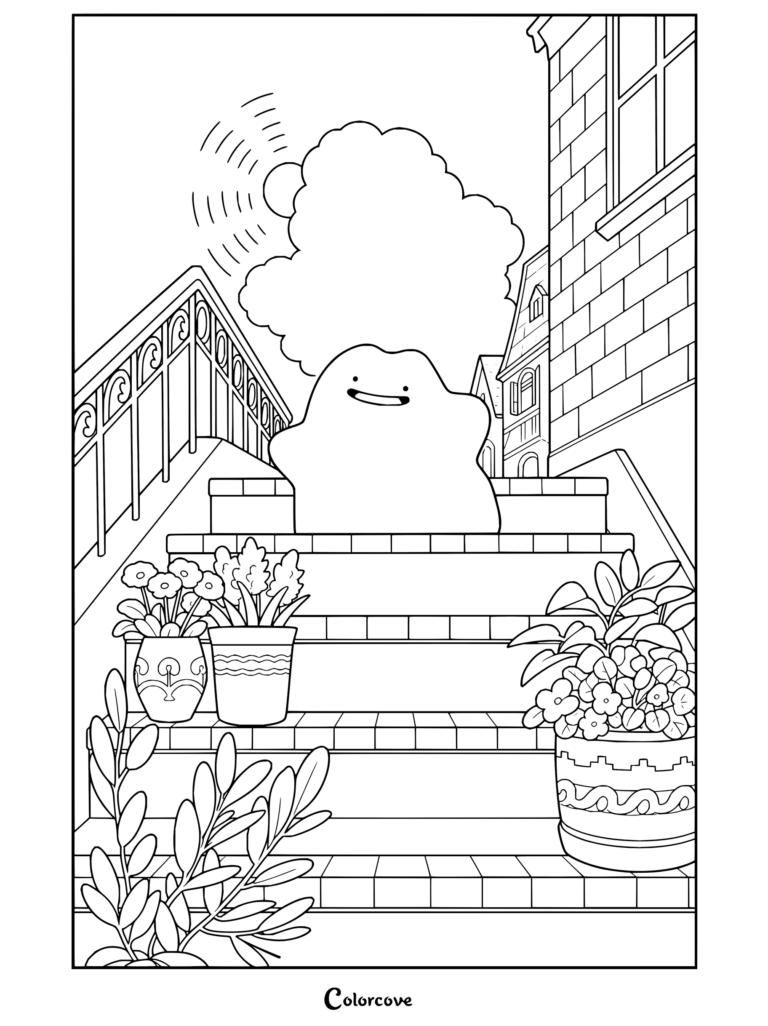 El Pokémon Ditto sentado en unas escaleras exteriores soleadas junto a macetas, en un dibujo para colorear diseñado para fans de Pokemon para Adultos.