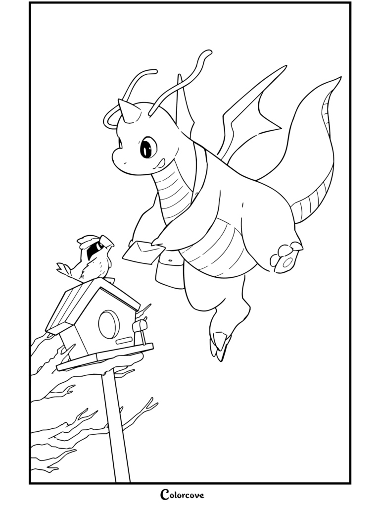 Dragonite entregando correo a un Pidgey cerca de una casita para pájaros en este dibujo para colorear de Pokemon para Adultos.