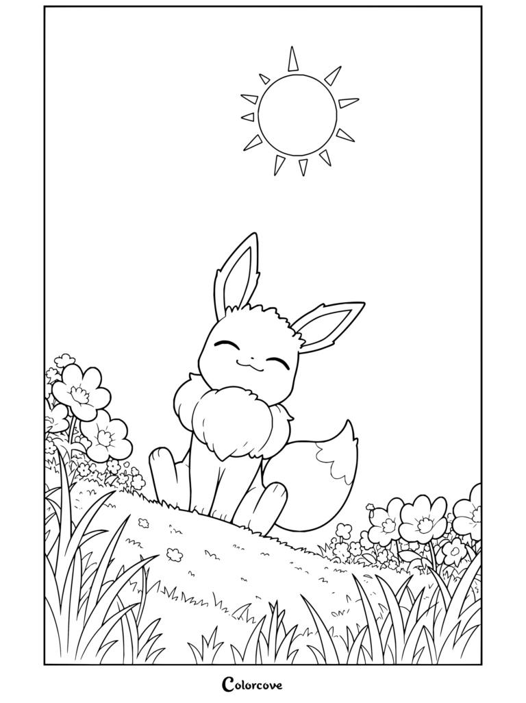 Eevee sentado alegremente en una colina de hierba bajo un cielo azul soleado con flores en un dibujo para fans de Pokemon para Adultos.