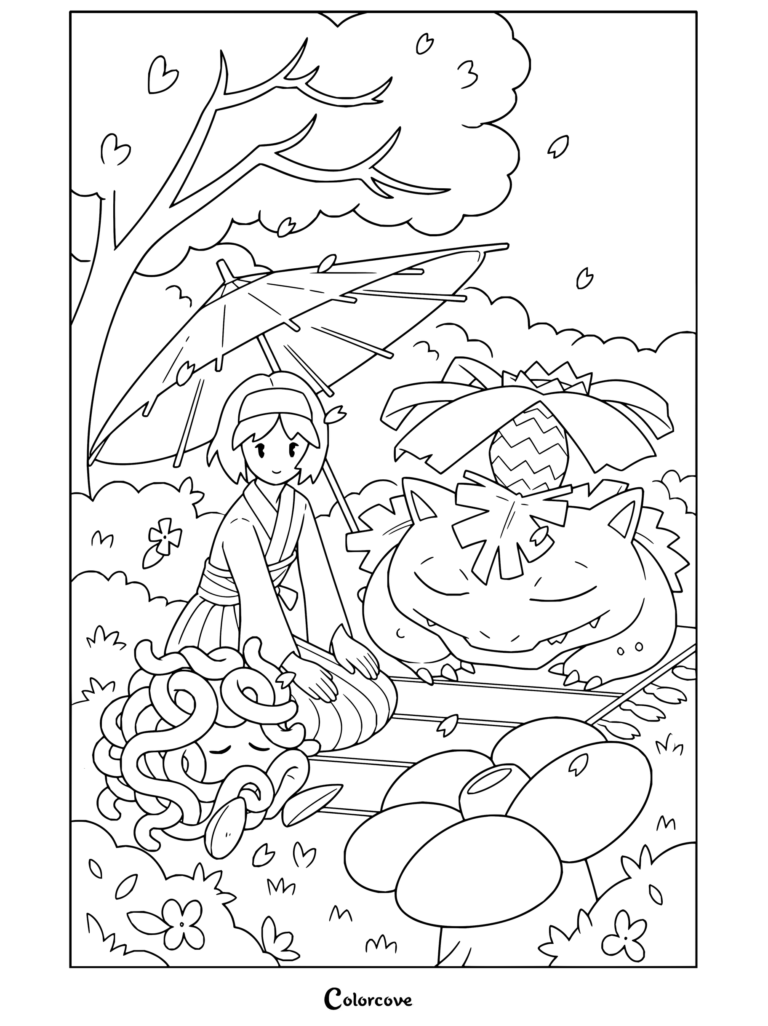 Dibujo de Pokemon para Adultos con Erika relajándose junto a Venusaur, Tangela y Vileplume bajo un cerezo en flor.