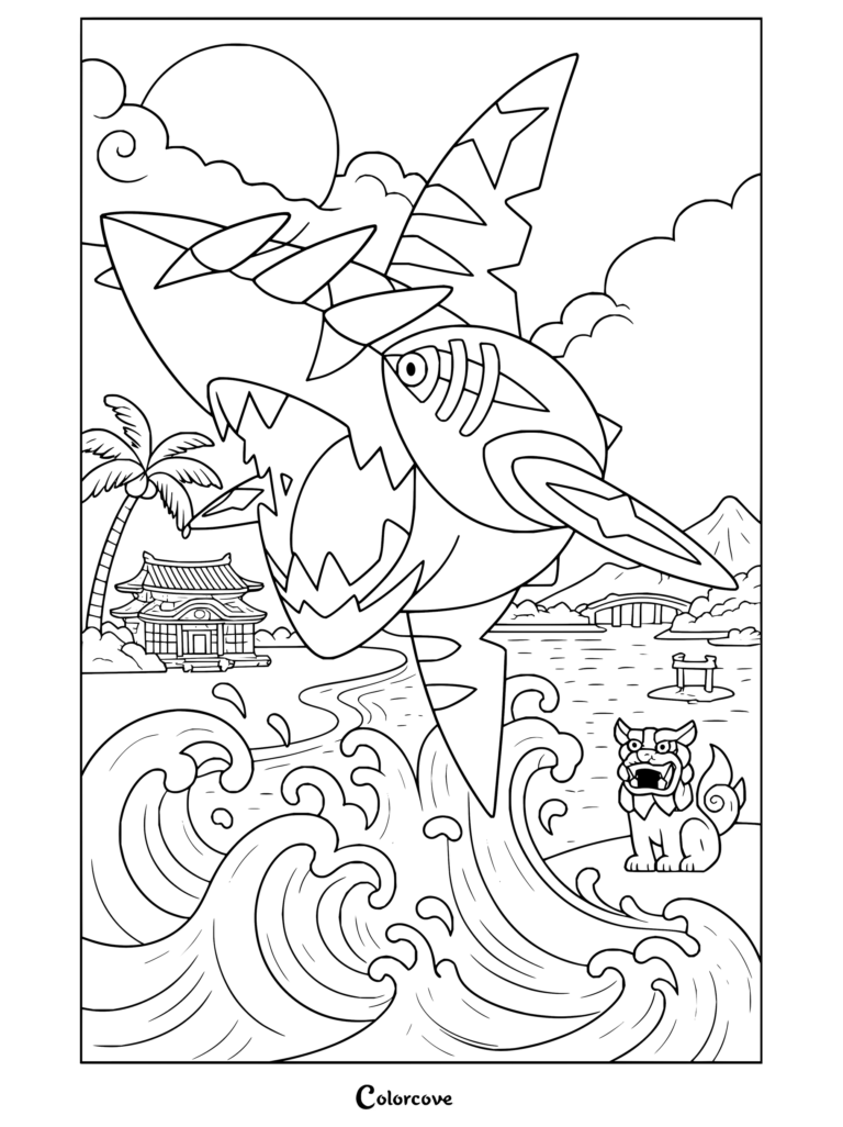 Garchomp saltando del océano al estilo artístico tradicional ukiyo-e de Okinawa, en un dibujo para fans de Pokemon para Adultos.