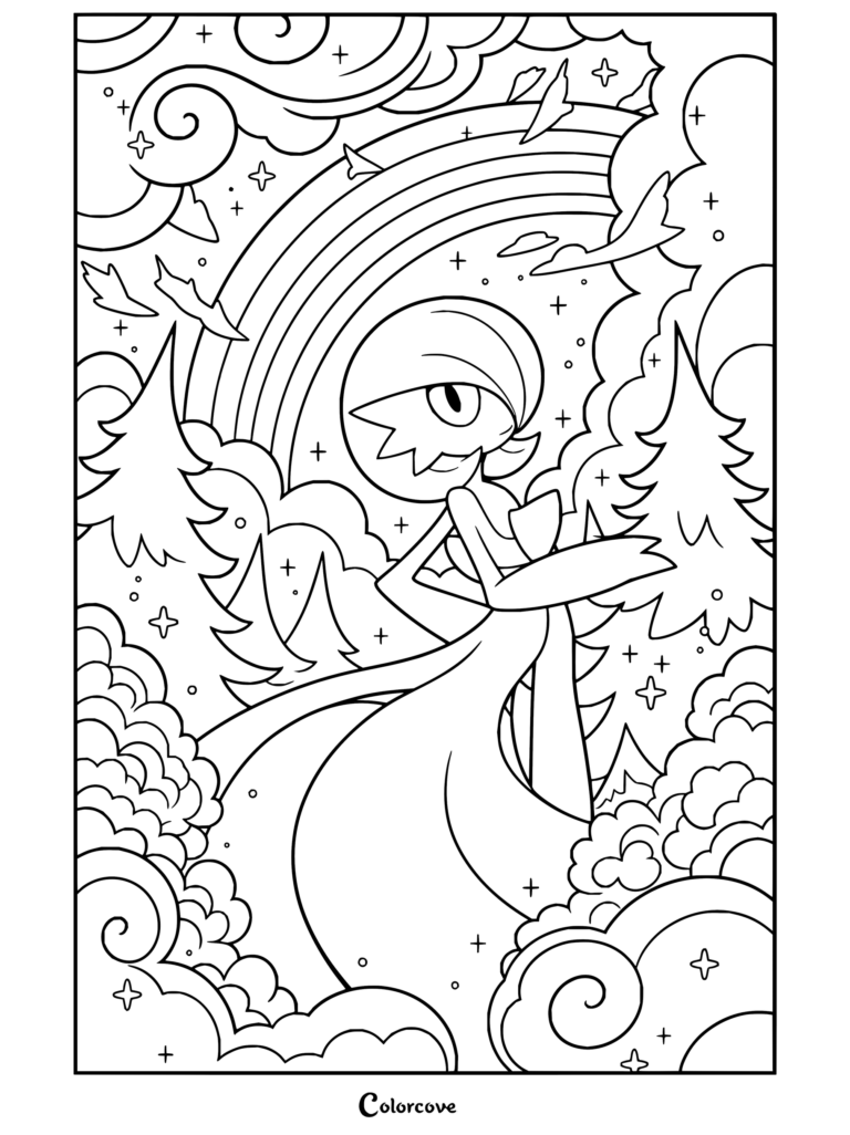 Dibujo para colorear de Pokemon para Adultos con Gardevoir posando con elegancia entre nubes rosas de ensueño, pinos y un arcoíris.