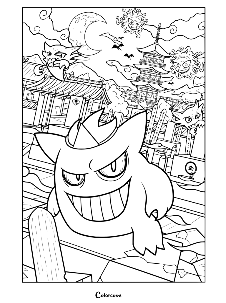 Dibujo para colorear de Pokemon para Adultos con Gengar y Haunter en un cementerio tradicional japonés al estilo ukiyo-e con una pagoda y la luna.