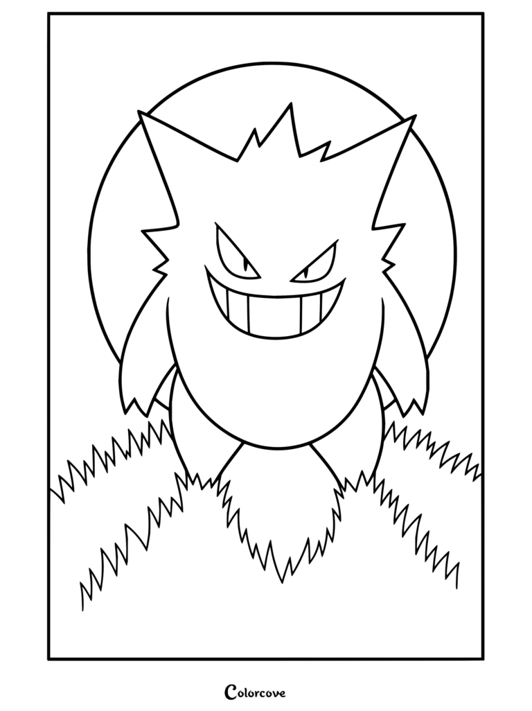 Dibujo para colorear de Pokemon para Adultos con Gengar de pie frente a la luna llena nocturna en un campo de hierba escarpada.