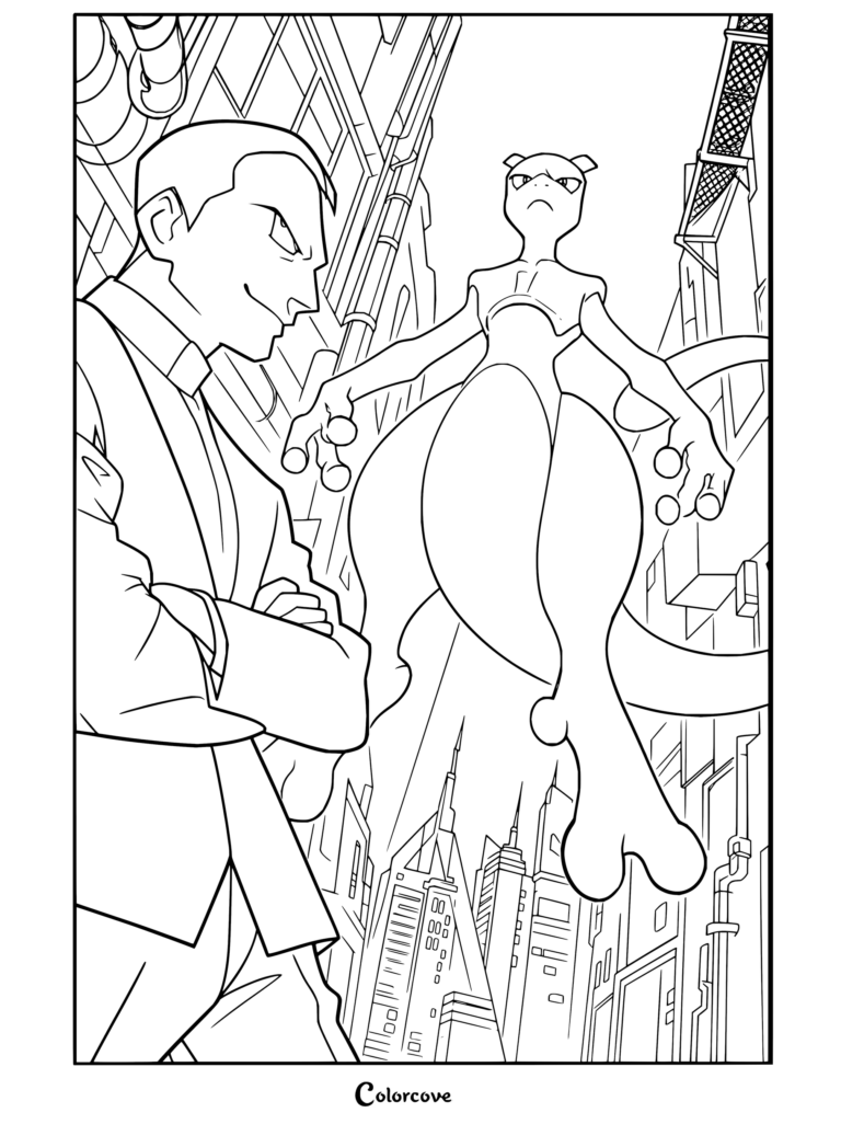 Giovanni sonriendo con seguridad con Mewtwo flotando sobre el horizonte de la ciudad en este detallado dibujo de Pokemon para Adultos.