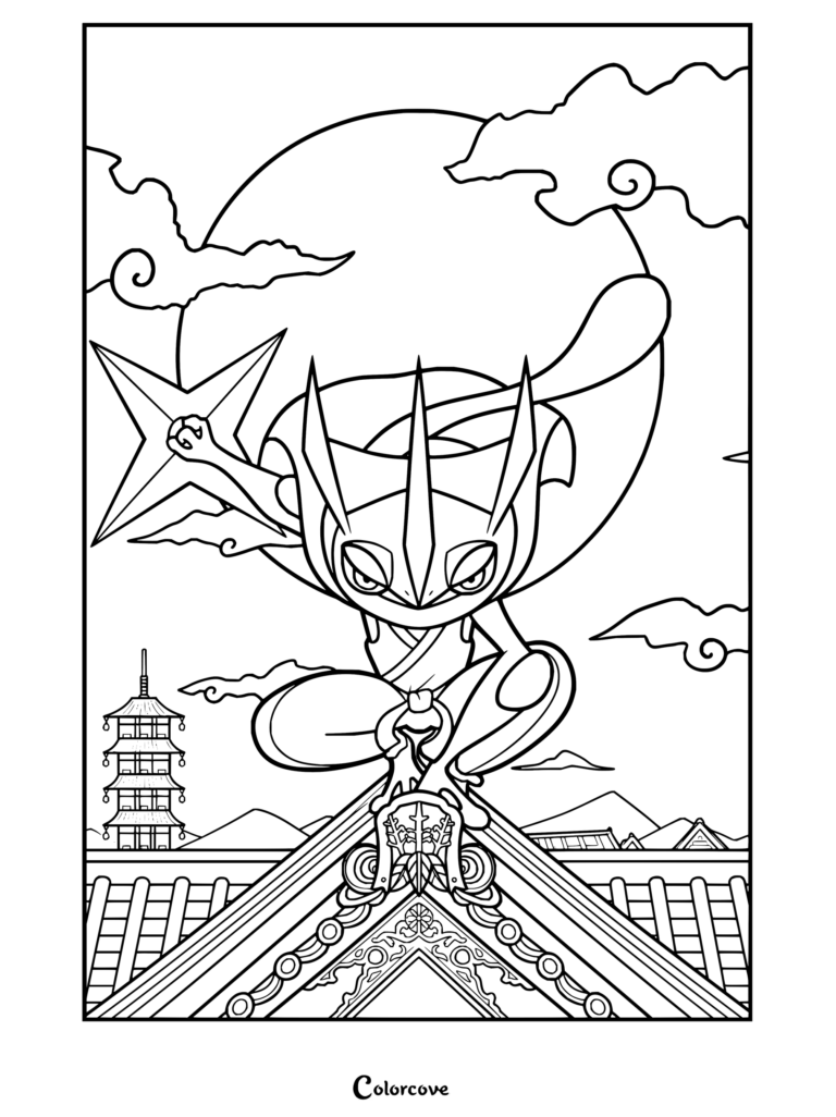 Dibujo de Pokemon para Adultos con Greninja en un tejado sosteniendo un Shuriken de Agua al estilo ukiyo-e frente a una gran luna.