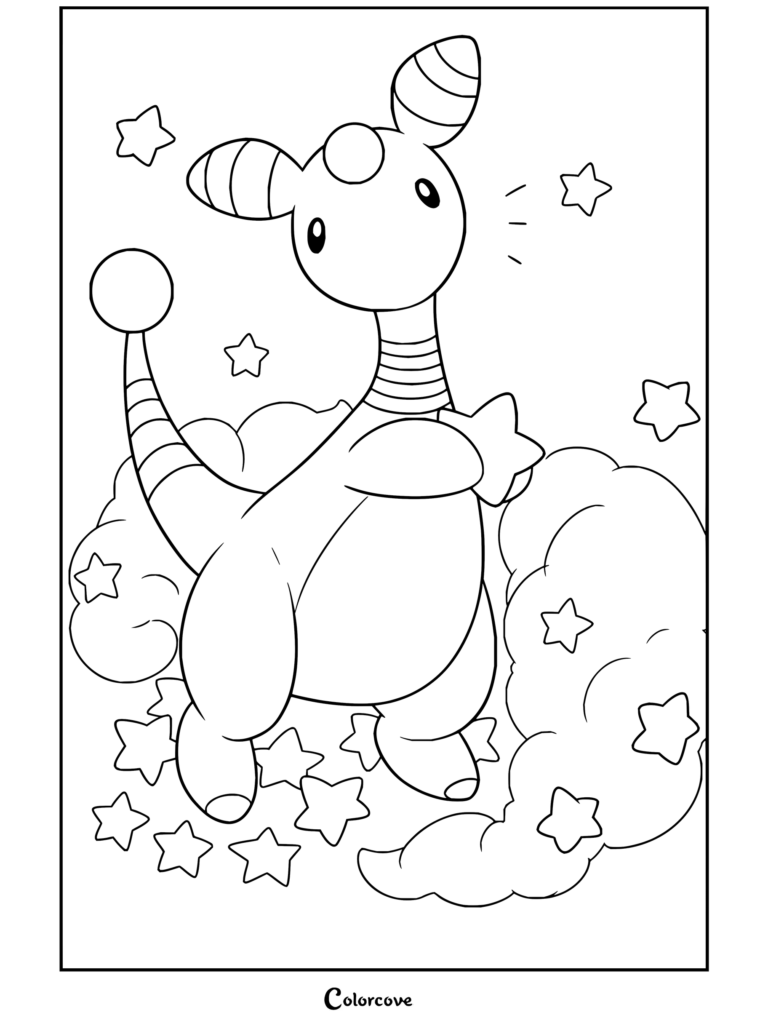 Ampharos sosteniendo una estrella entre nubes y astros en un dibujo para colorear para fans de Pokemon para Adultos.