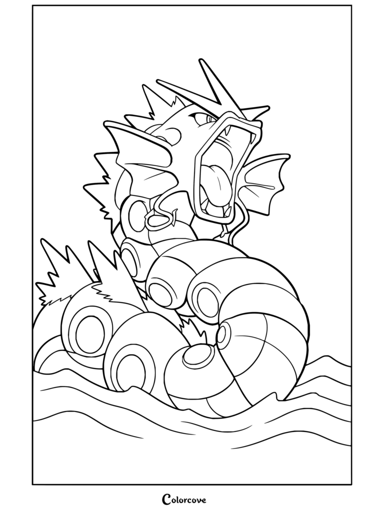 Dibujo de Pokemon para Adultos con Gyarados emergiendo del océano y rugiendo en medio de salpicaduras de agua.