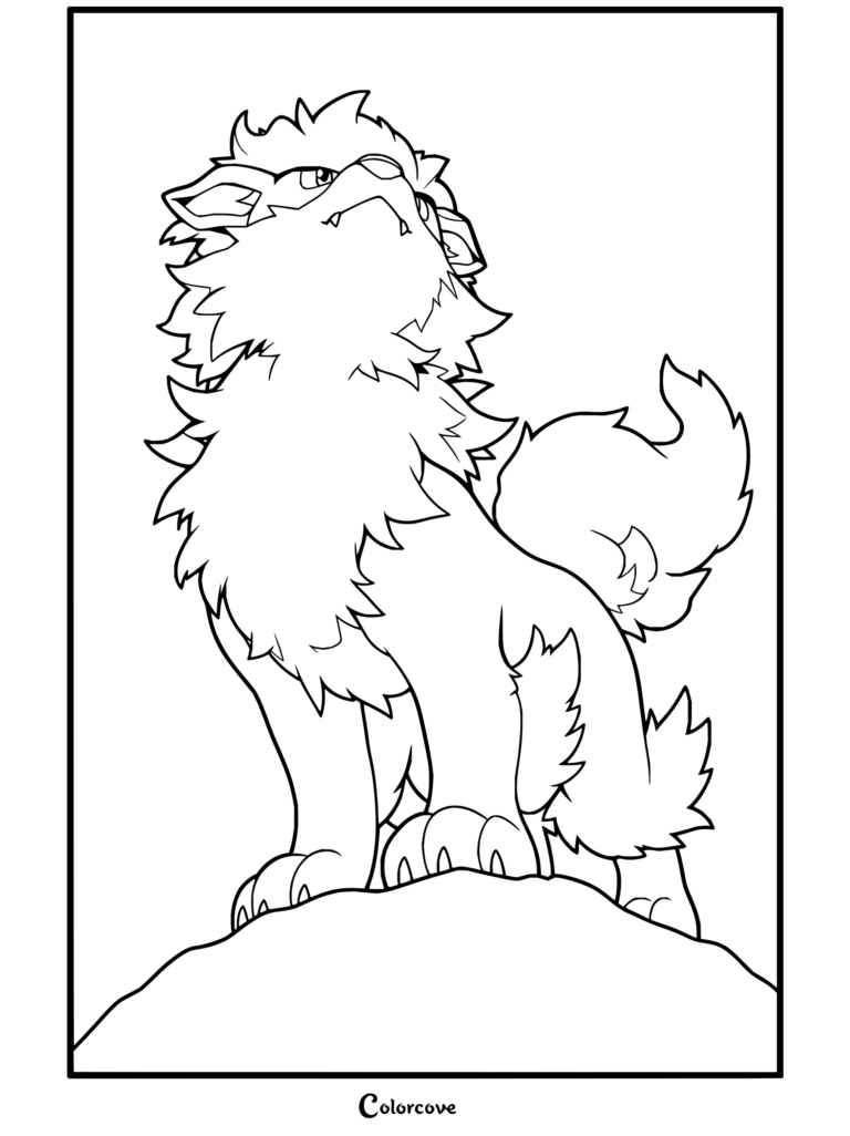 Arcanine de Hisui erguido con orgullo sobre una roca de montaña mirando hacia el cielo, en un dibujo para colorear de Pokemon para Adultos.