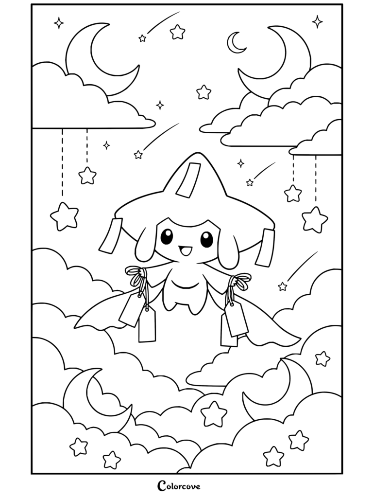 Jirachi flotando entre nubes y lunas crecientes con tiras de deseos en un dibujo para colorear con estrellas y cielo celeste para fans de Pokemon para Adultos.