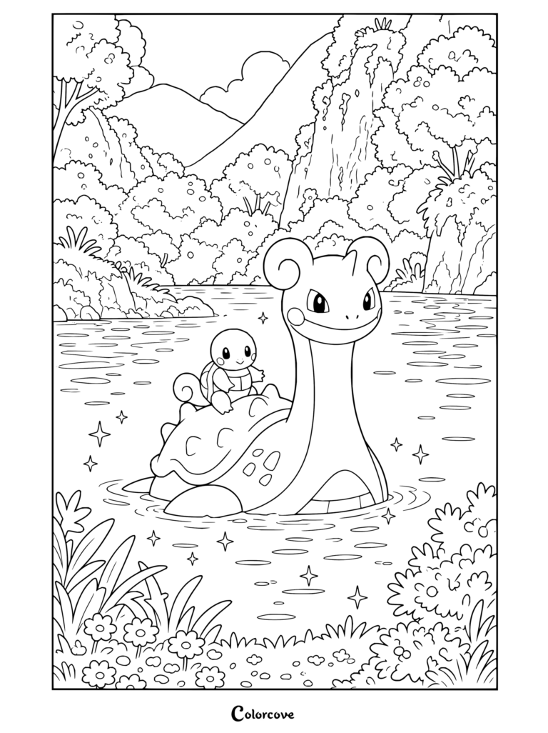 Detallado dibujo de Pokemon para Adultos con Lapras llevando a Squirtle mientras nada por un río a través de un paisaje con montañas y árboles.