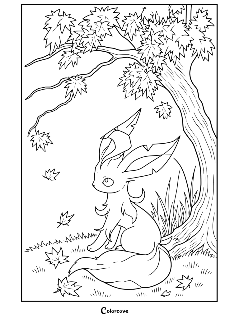 Leafeon sentado bajo un árbol otoñal con hojas cayendo en un dibujo para colorear para fans de Pokemon para Adultos.