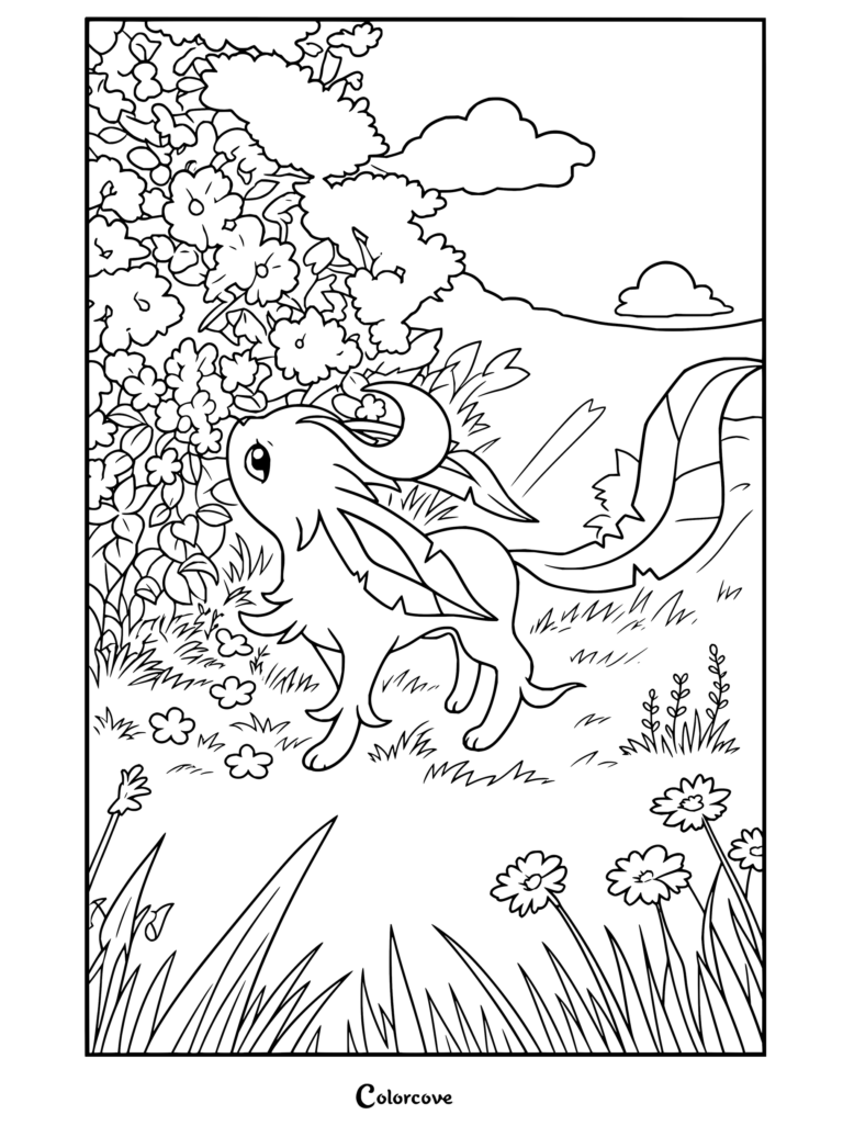Leafeon oliendo flores en una pradera soleada en un dibujo para fans de Pokemon para Adultos, con un detallado arte lineal en un paisaje floral.