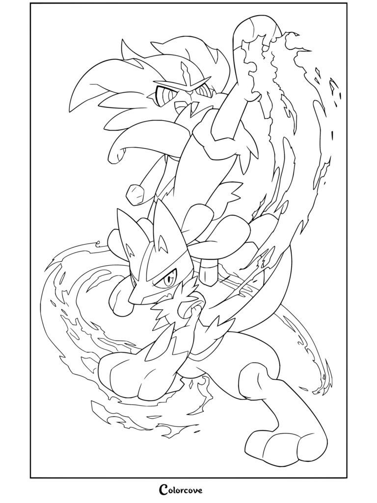 Pose de acción de Lucario y Cinderace con fuego y aura en un dibujo para colorear para fans de Pokemon para Adultos.