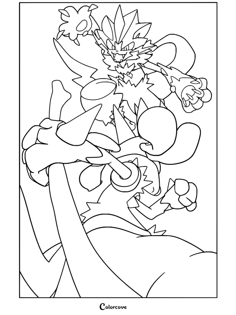 Lucario combatiendo contra Zeraora en una intensa batalla Pokémon, en un dibujo para colorear para fans de Pokemon para Adultos.