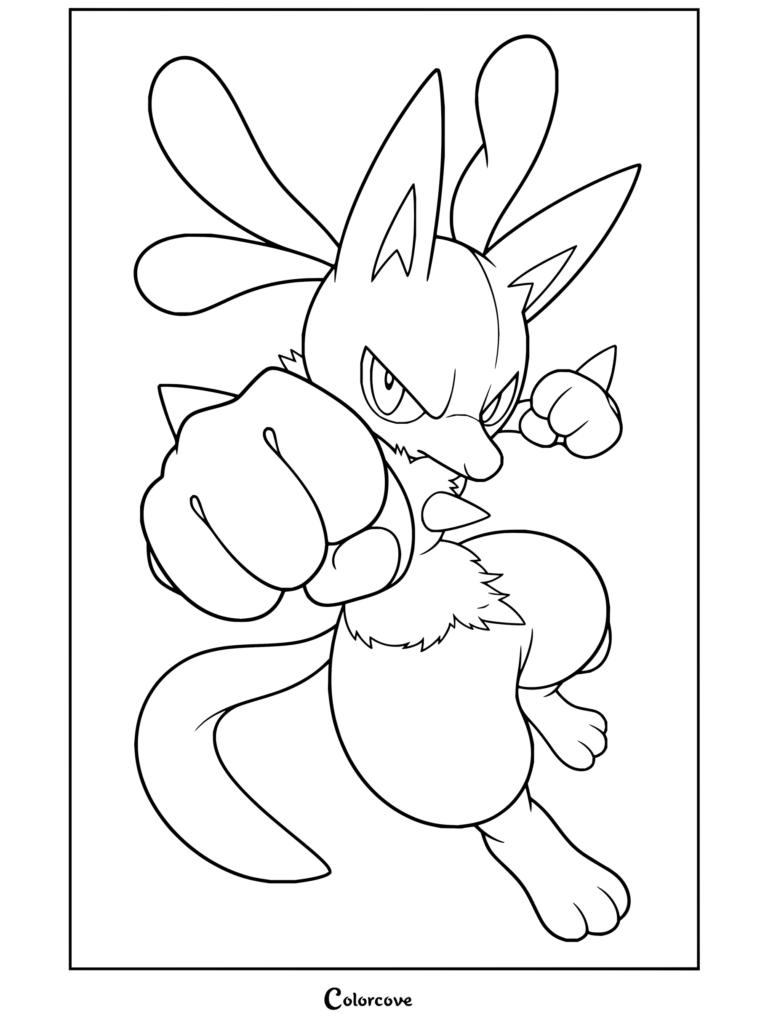 Lucario lanzando un puñetazo con efecto de energía azul desbordante, en un dibujo para fans de Pokemon para Adultos.
