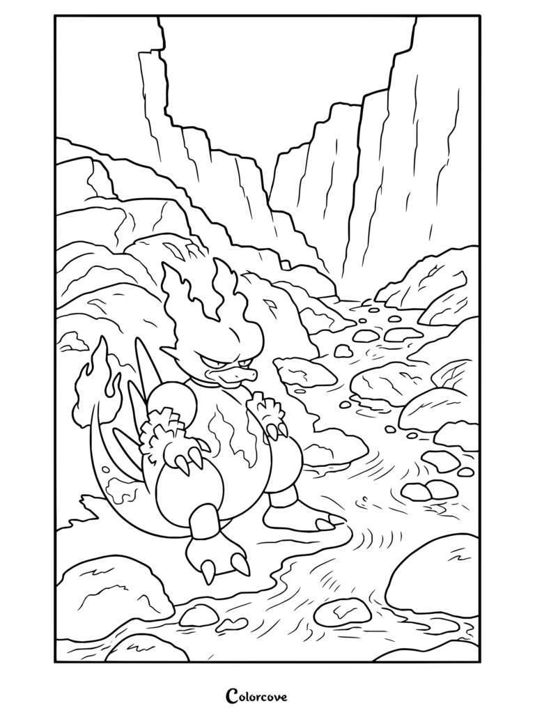 Magmar junto a un arroyo rocoso en un valle montañoso en un dibujo para colorear para fans de Pokemon para Adultos.