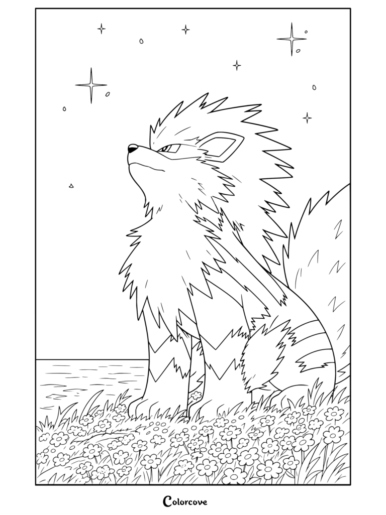 Dibujo para colorear de Pokemon para Adultos con Arcanine sentado al borde de un precipicio, contemplando el atardecer y las estrellas entre flores.