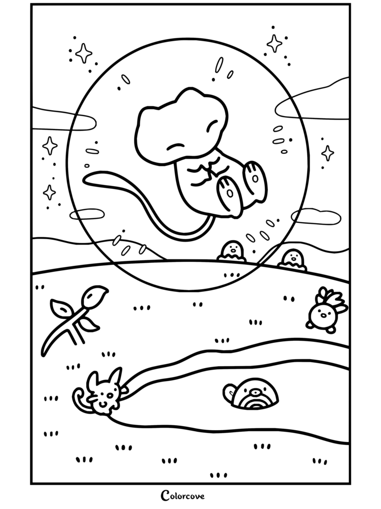 Mew flotando dentro de una burbuja sobre un paisaje en un dibujo para colorear para fans de Pokemon para Adultos.