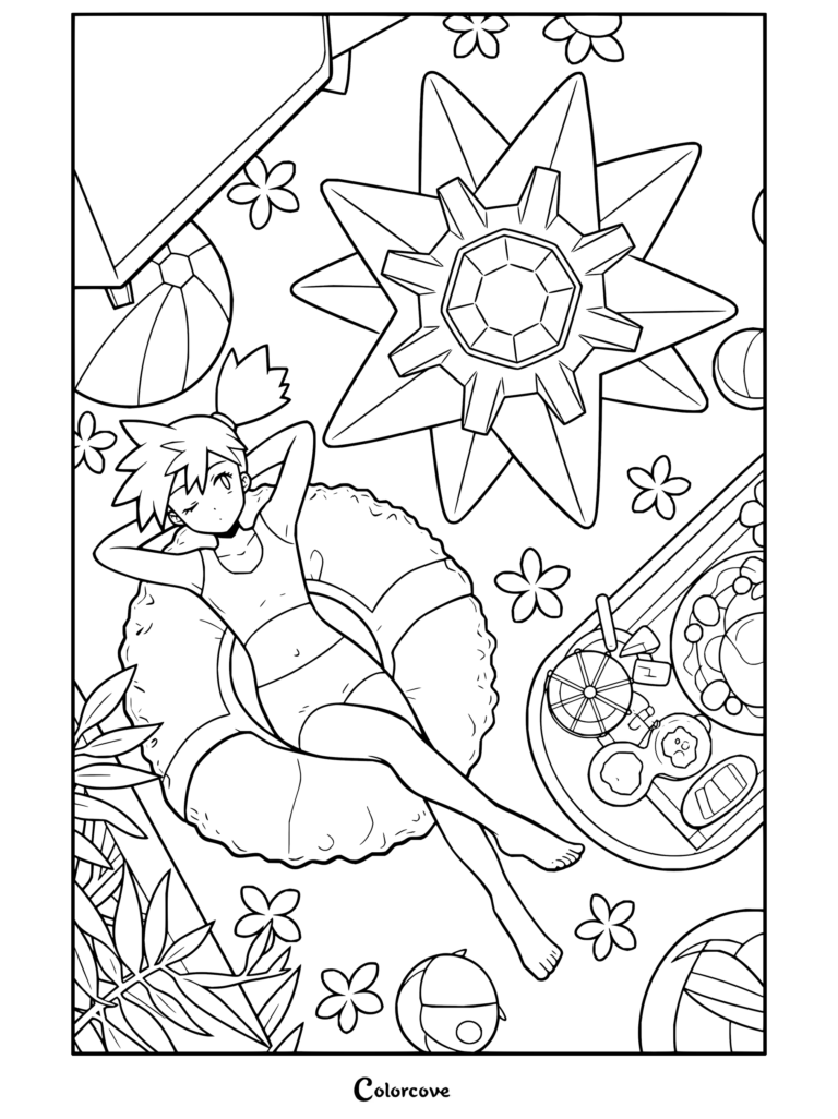 Misty flotando y relajándose en un flotador inflable dentro de una piscina con Starmie y una bandeja de comida, en un dibujo de Pokemon para Adultos.