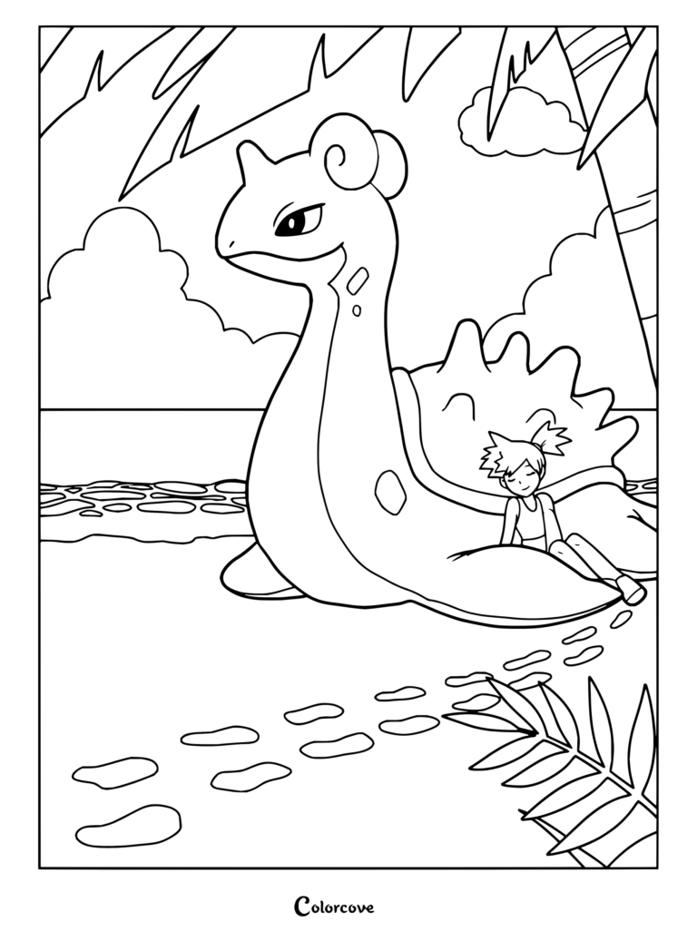 Dibujo de Pokemon para Adultos de Misty relajándose apoyada en Lapras en una playa de arena bajo una palmera junto al mar.